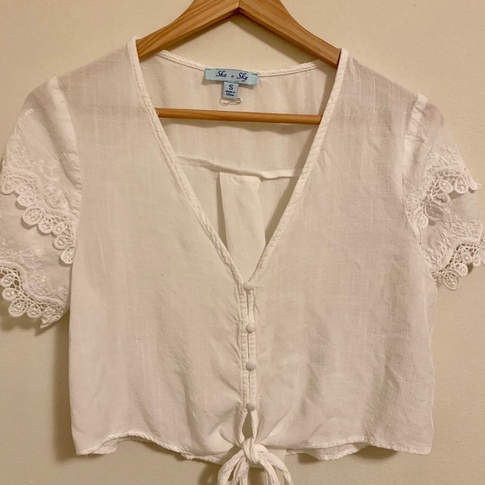 She & Sky Button front lace crop top
